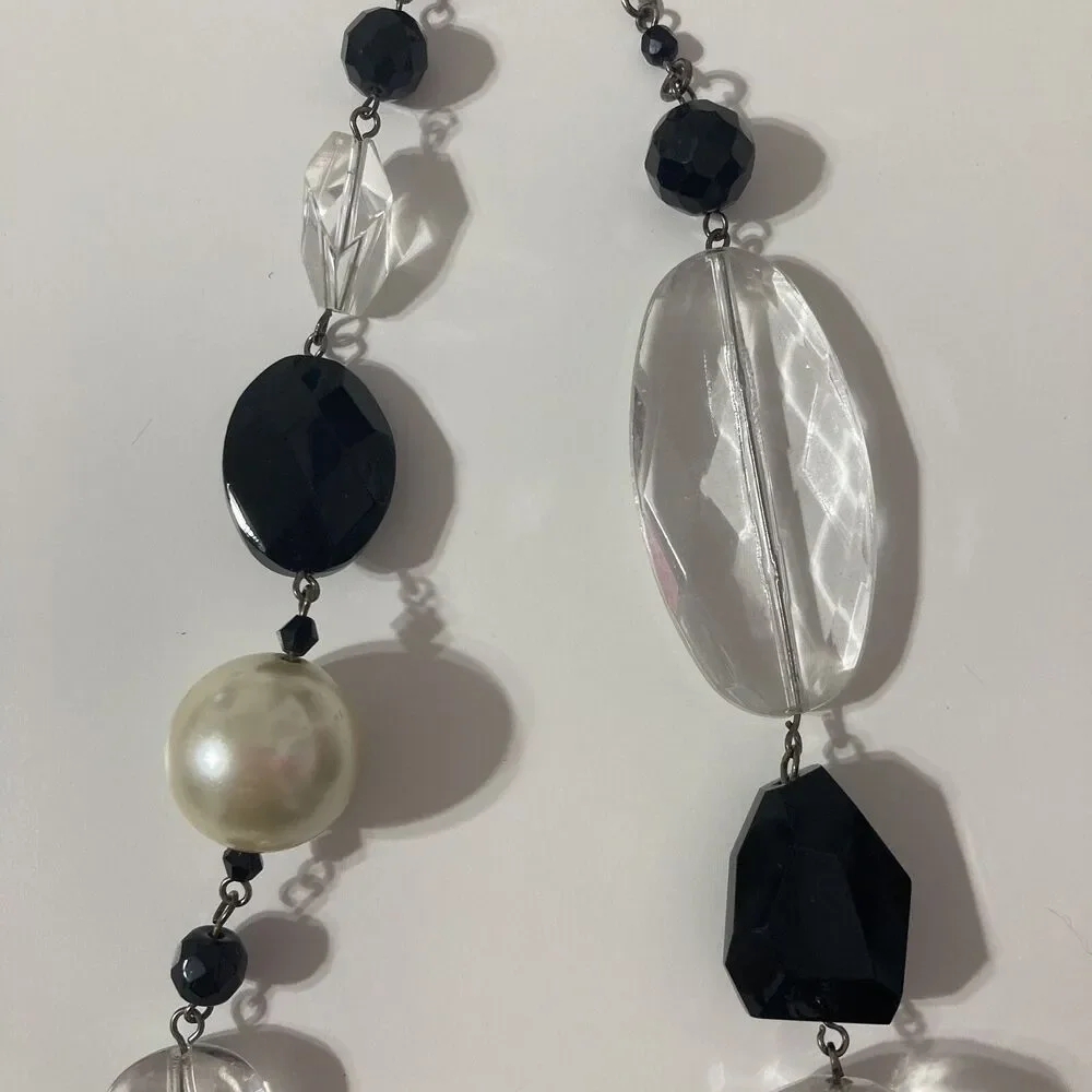 White House Black Market Faux Pearl Black Acrylic Beaded Statement Necklace Mod